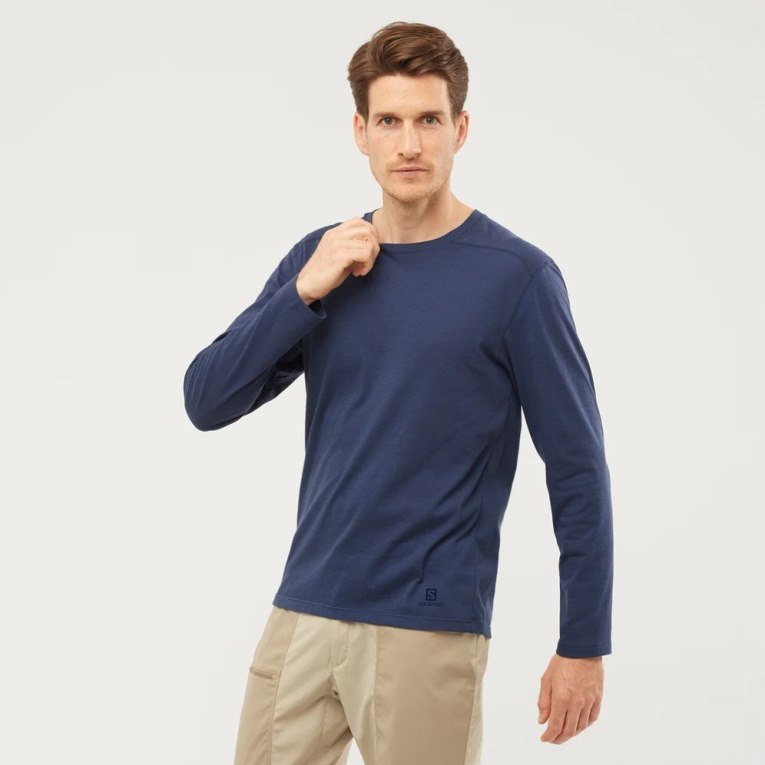 Navy Salomon Essential Long Sleeve Men\'s T-Shirts | PH 94580D